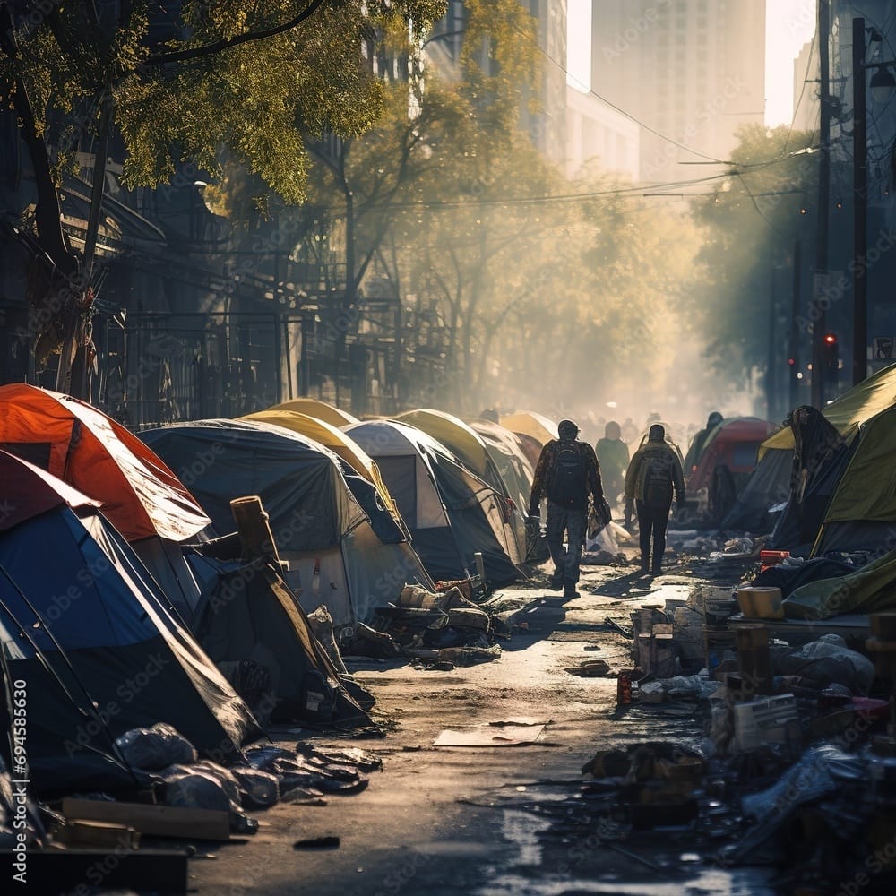 A view of a crowded tent encampment