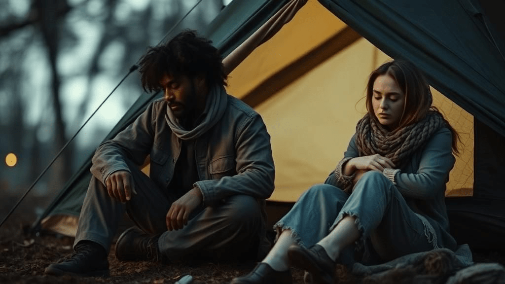 pixlr-image-generator-68b26b8e895c6a4f87b9c82b A homeless couple sitting in front of their tent