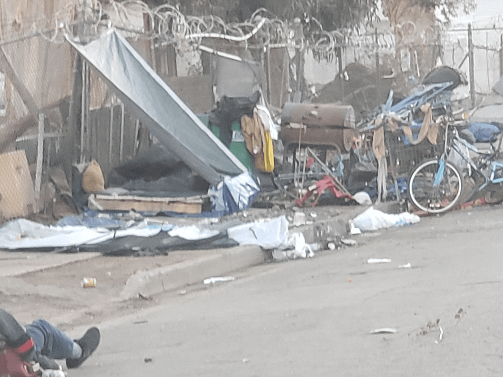 20241205_164338 An image of a makeshift shelter, surrounded by trash